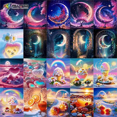 Diamond Painting Full Drill Flower Moon Landscape Round Diamond Painting Handmade Fruit Dessert Diy Diamond Mosaic Painting Home Decoration