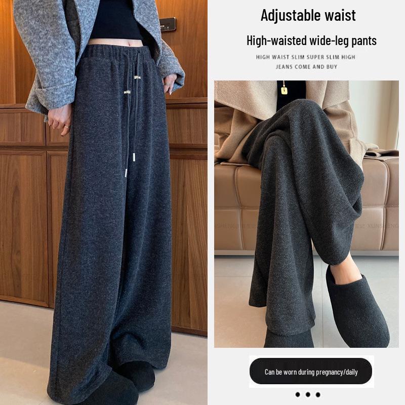 Women's Maternity Woolen Fleece-Lined High-Waist Wide-Leg Pants for Petite Sizes - Korean Style for Autumn/Winter