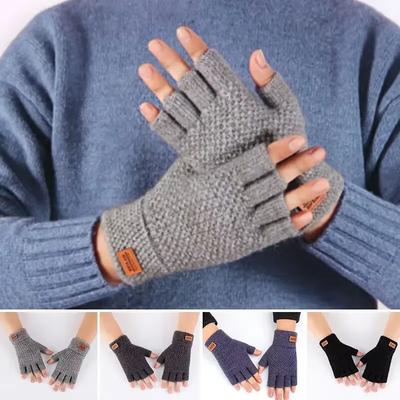 Winter Fingerless Gloves Outdoor Driving Gloves for Men Half Finger Writting Office Knitted Thick Wool Warm Label Thick Elastic