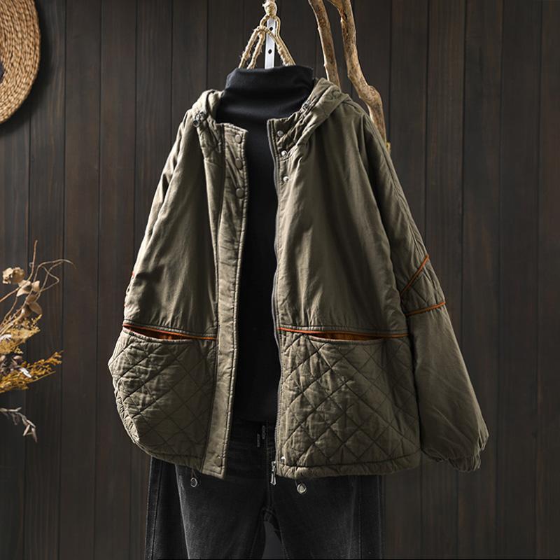 Johnature Women Vintage Hooded Patchwork Zipper Solid Color Winter Warm Long Sleeve Coats Female Casual Coats