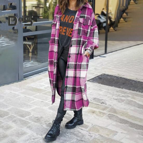 Podzim Zima Dámský Kabát Typ Košile Kostkovaný Potisk Jednořadé Zapínání Klopový Límec s Náprsními Kapsami Rozparek na Lemu Volný Střední Délka Denní Nošení Práce Venkovní