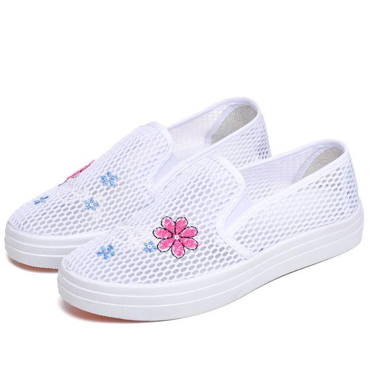 Summer Cloth Shoes Women's Mesh Shoes Flat Bottomed Hollow Casual Shoes Breathable Embroidered Mesh Comfortable and Versatile Shoes
