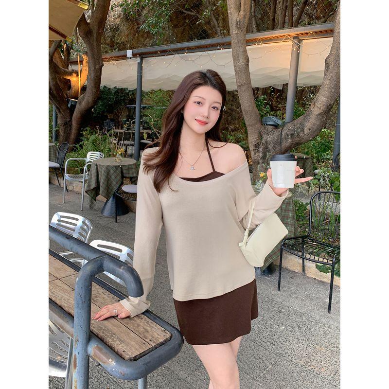 

Maxi Plus-Size Women s Clothing Set: Halter Neck Tank Top, Four-Piece Set, Spring Loose Pants, Slimming Half-Skirt Outfit Brown Sling (First Batch) 2XL