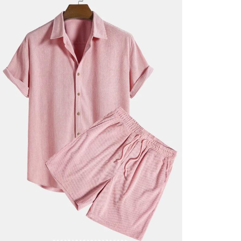 

Men s Casual Loose Multicolor Beachwear Corduroy Short-sleeved Suit Two-piece Suit XXXL