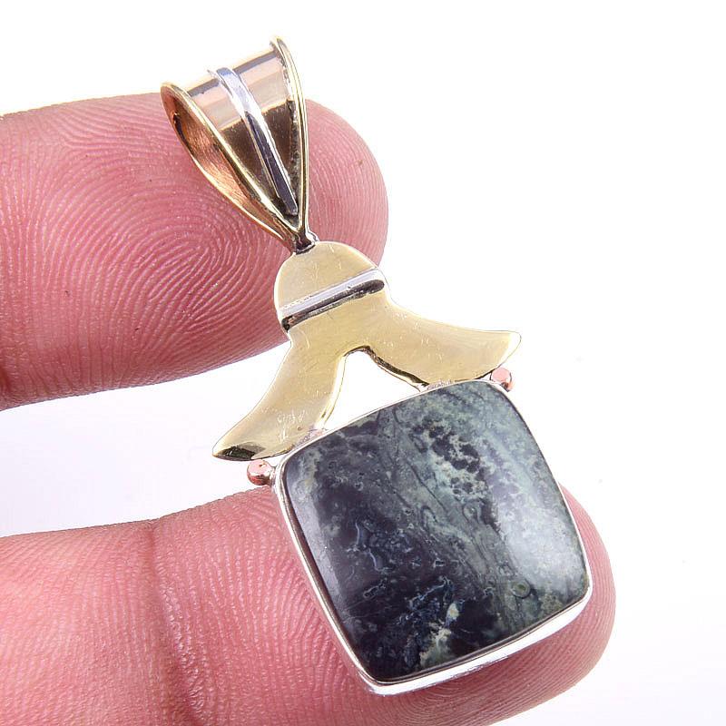 

Natural Green Pietersite Gemstone 925 Solid Silver Two Tone Pendant 1.50 m2t78