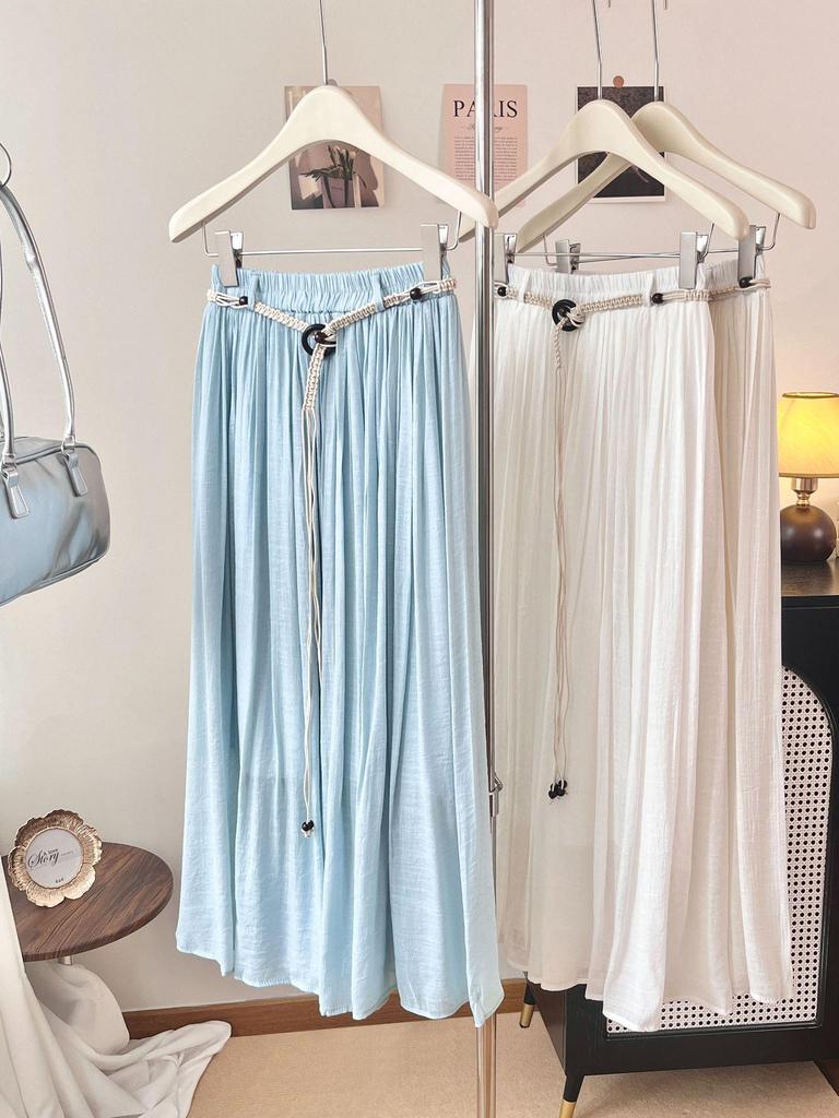 Bohemian High-Waisted A-Line Midi Skirt with Belt - Women's Flowing Slim Summer 2026 Style