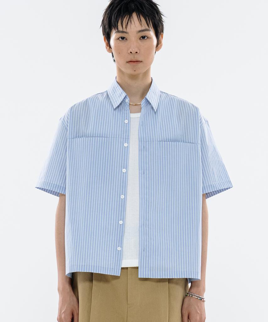 BASEMOMENT Hidden Pocket Striped Crop Half Shirt Sky Blue