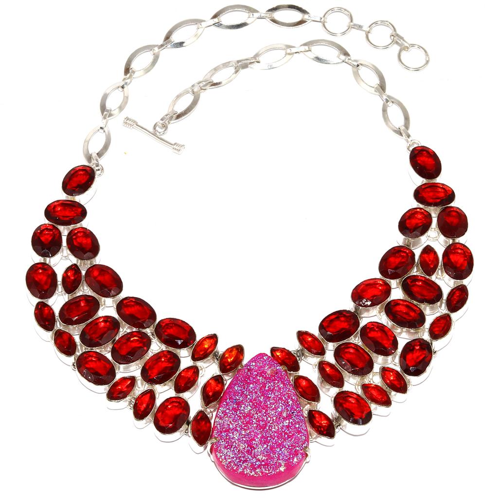 Pink Sunshine Desert Drusy Garnet Jewelry Necklace 16-18''