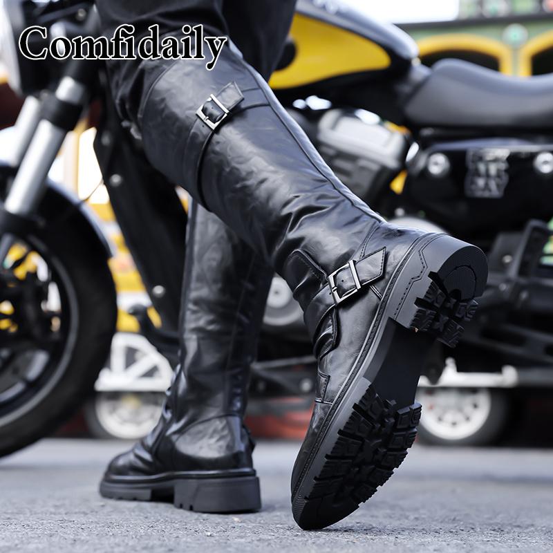 Stivali da Motociclista da Uomo Stivali Western Stivali da Jockey Neri Stile Streetwear Casuale Stivali Alti Cool Taglie Forti