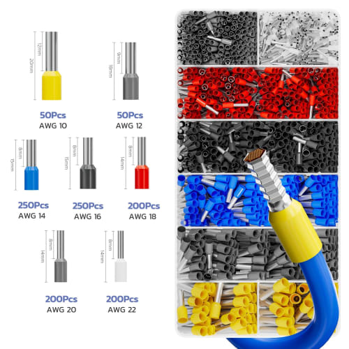 Haisstronica 1200-Piece Ferrule Crimping Tool Kit with Hex 0.25-5.26mm Ratchet Crimping Pliers for Compact Crimp Sleeves, Electrician's Ferrule Termin