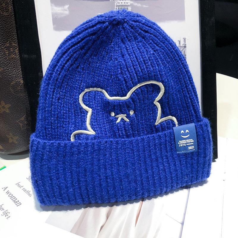 Hat Female Winter Bear Embroidered Wool Hat Cute Thermal Hat Ear Protector Cold Hat Deer Fleece Standard Knitted Hat