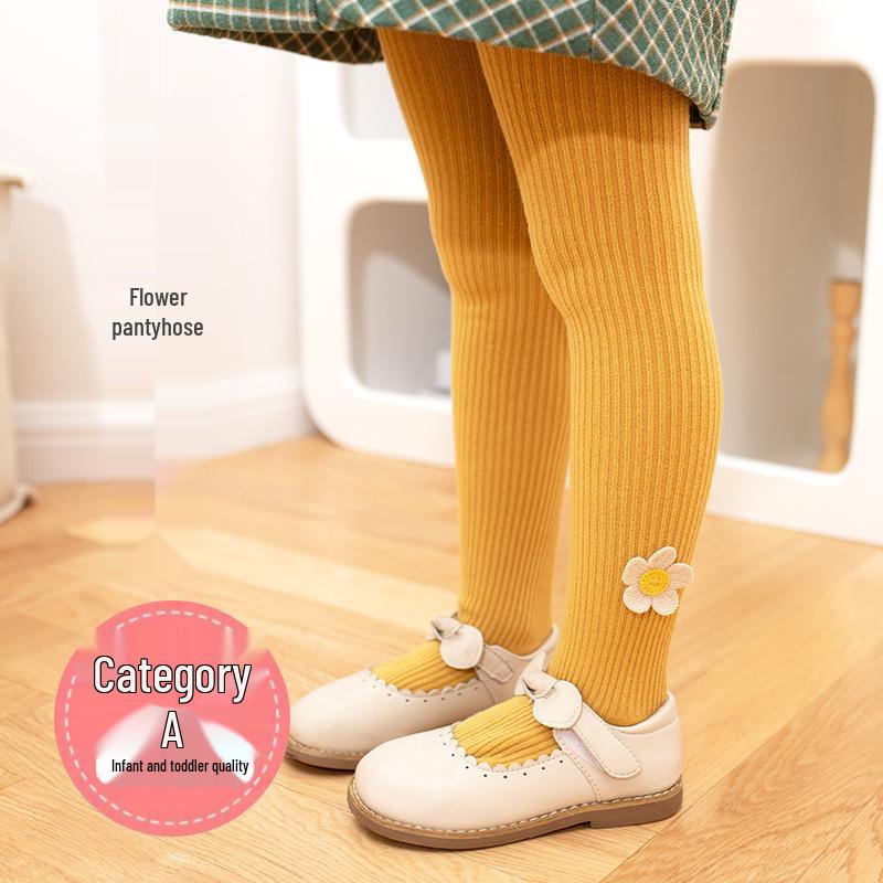 Floral Medium Thick Tights for Girls – Spring/Autumn, Seven Colors, Lightweight Bodysuit Leggings for Little Ones