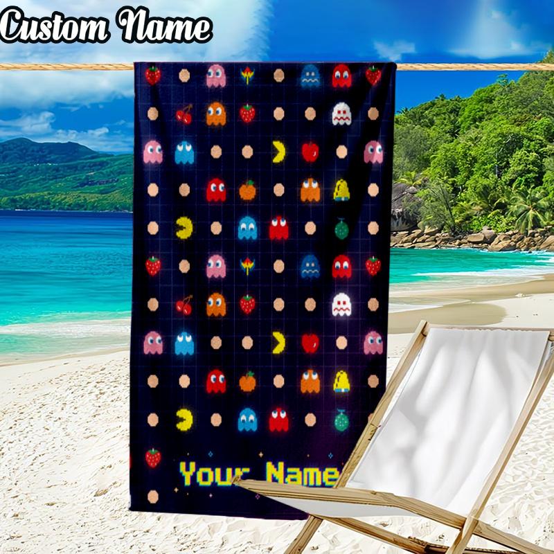 Custom Name Pac Game Beach Towel - Soft, Ultra-Absorbent Microfiber, Lightweight, Perfect for Beach, Parties, Travel, Camping