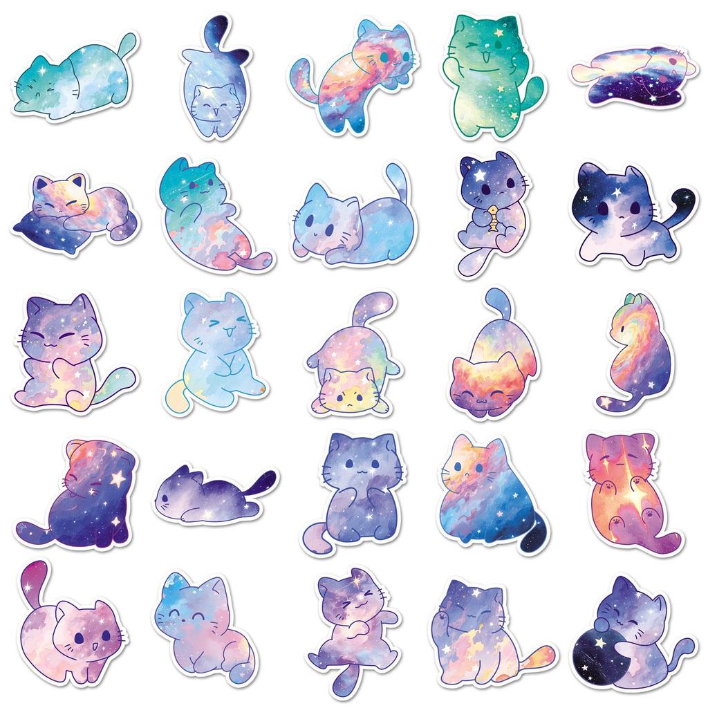 50 Cute Starry Sky Cat Stickers: Hand-Drawn Cartoon Decorations for Cups & Phone Cases
