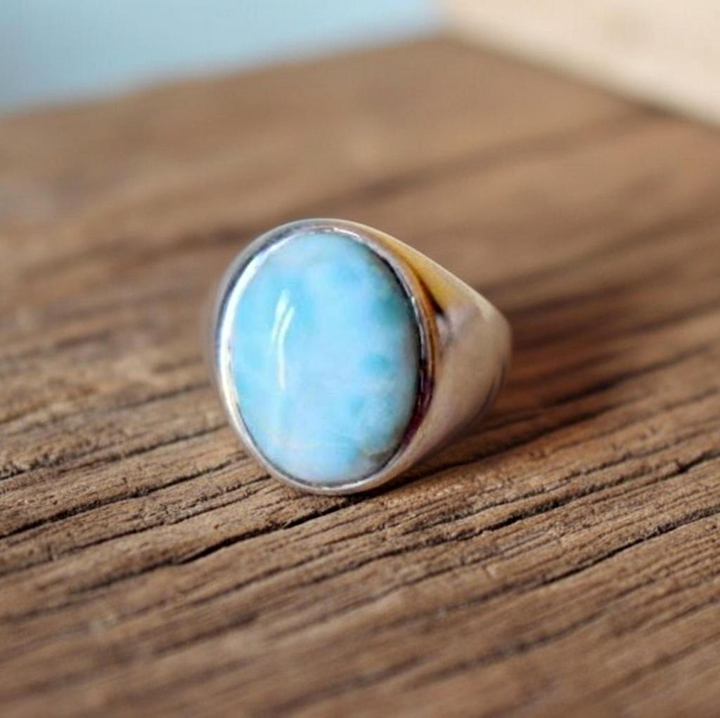Natural Larimar Signet Ring, 925 Solid Sterling Silver, Oval Larimar Ring, Unisex Handmade Jewelry