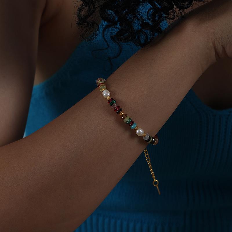 Freshwater Pearl Combining Natural Stone Beads Necklace Bracelet For Women Bohemia Colourful Women's Stainless Steel Jewelry Set