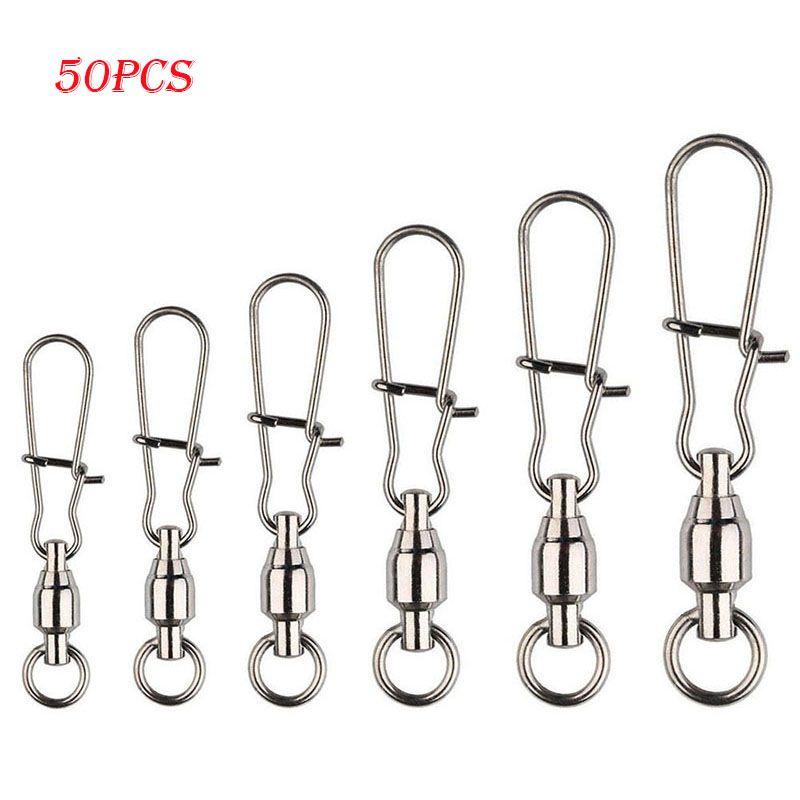 

50 шт. Стальной нержавеющий рыболовный вертлюжок с шарикоподшипником и застежкой-карабином с двойным замком 0# 24mm