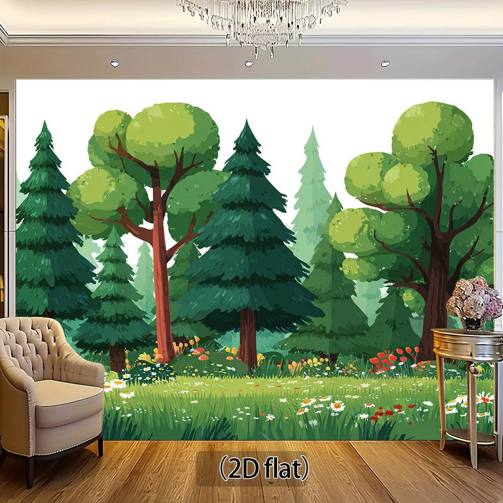 2D flat banner, 1 piece of natural forest scenery background fabric, featuring elements such as trees, flowers and grassland.