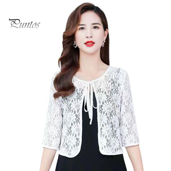 Women Fall Spring Coat Lace-up Floral Embroidery Solid Color Shawl Three Quarter Sleeves Loose Hollow Out Lace Round Neck Short Type Sun Protection