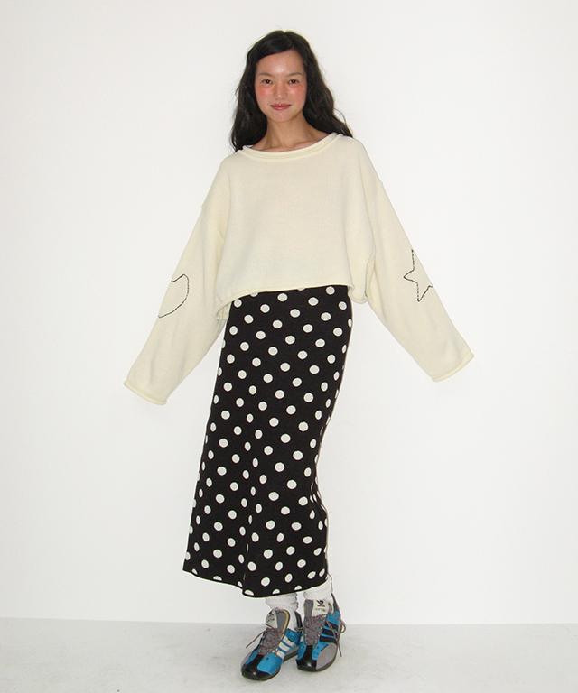 RONRON Heart Star Hand Stitch Overfit Crop Knit Ivory