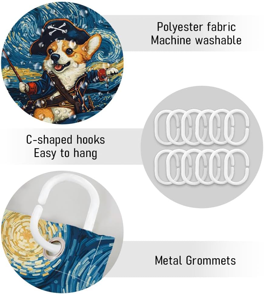 Funny Pirate Dog Riding Shark Shower Curtain Starry Ocean Sea Waves Cute Corgi Surfing Creative Hilarious Bathroom Decor Curtain