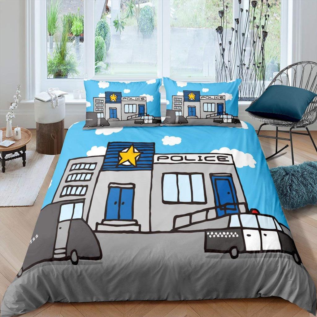 Ambulance Car King Queen Duvet Cover White Cartoon Medical Car Bedding Set For Kid Hospital Rescue Vehicle Polyester Quilt Cover