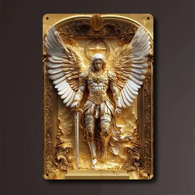 Art Mural Métal 2D "Archange Michel Doré Carré" - Décor Polyvalent pour Maison, Bar, Cuisine et Ferme - Plaque Métallique Durable