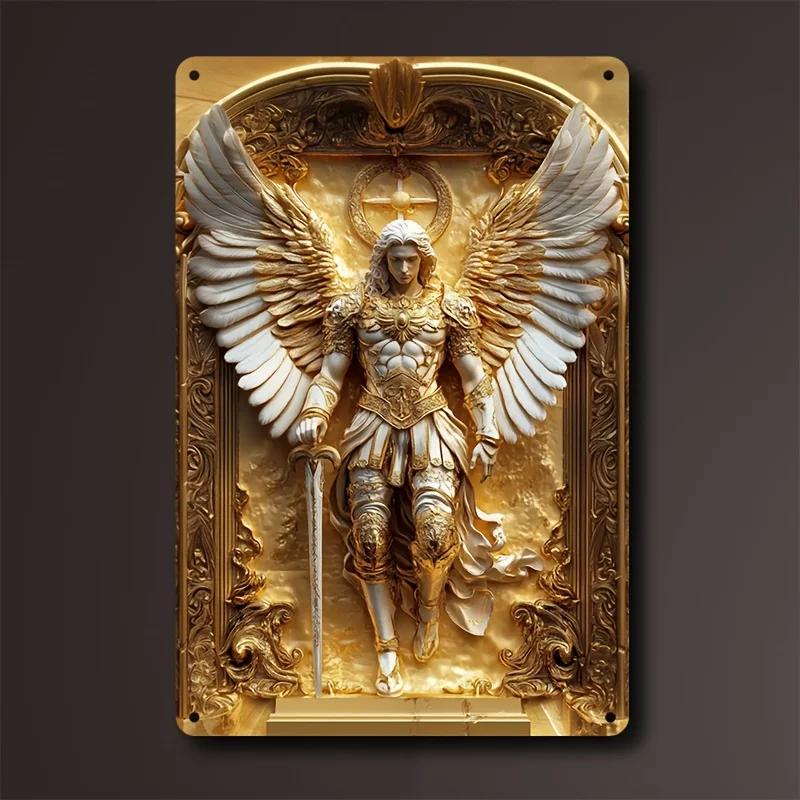 

2D Золотий Архангел Михаїл Квадратна Металева Настінна Картина - Універсальний Декор для Дому, Бару, Кухні та Фермерського Будинку - Міцна Металева Табличка 20x30cm（7.8x11.8inch）