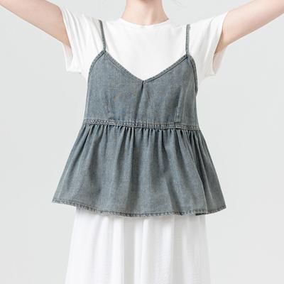 Stylish Elegance Fashion Female Casual Vest Pleated Design Sense Loose V-neck Denim Undershirt Summer Chic Ruffles Halter Sleeveless Tops Women