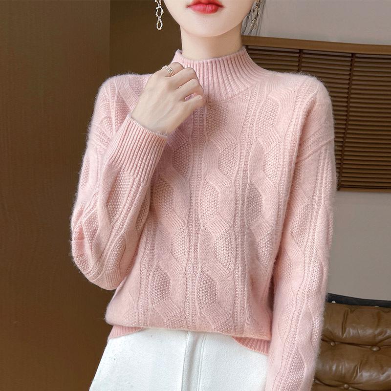 2025 Autumn/Winter Slimming Vintage Cashmere Cable Knit Sweater with Semi-High Neck