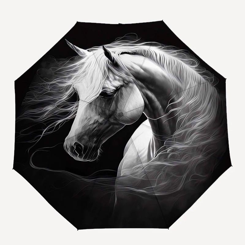 Horse, Mane Themed Automatic Opening and Closing Umbrella, Compact Travel Umbrella, Lightweight and Portable, Suitable for Beach Commuting B