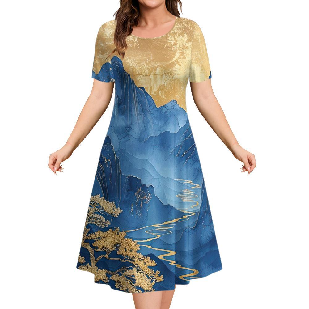 Marble Landscape Printed Women's Clothing Summer Short Sleeve Elegant Party Dresses Round Neck Short Sleeve Blue Premium Dress