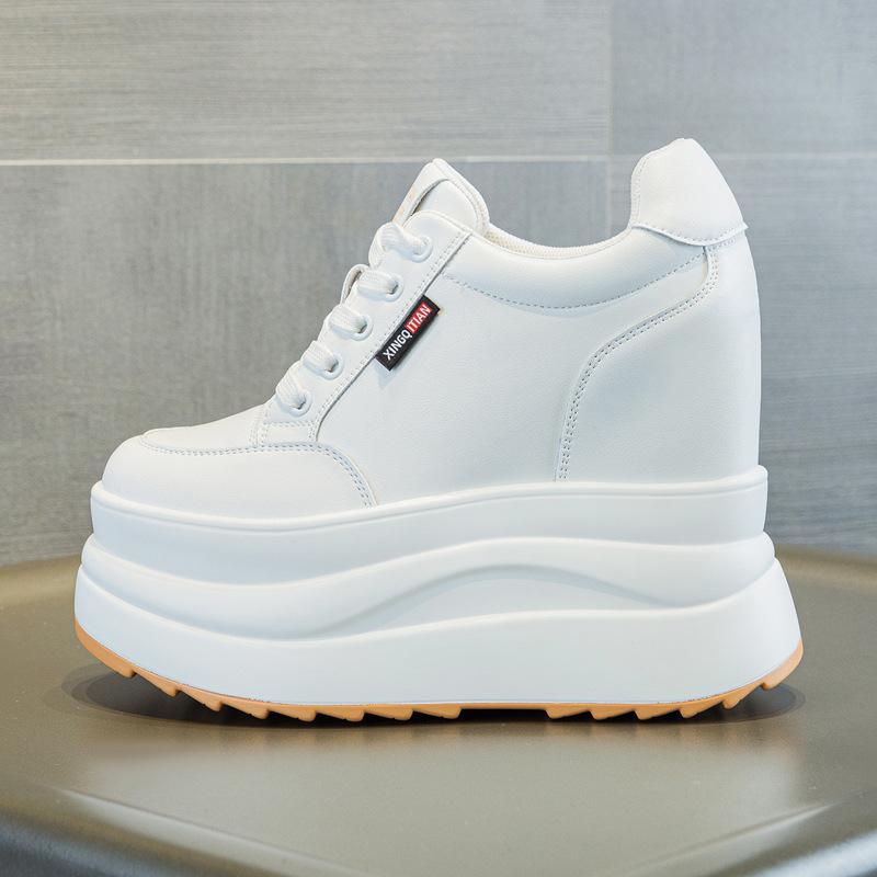 New autumn breathable wedge heel women's shoes lace mesh cm thick sole inner height increase casual white shoes