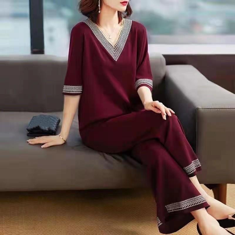 Sports Street Summer Plus Size Middle-aged Loose Wide-leg Pants Fashion Casual Two-piece Women's Suit