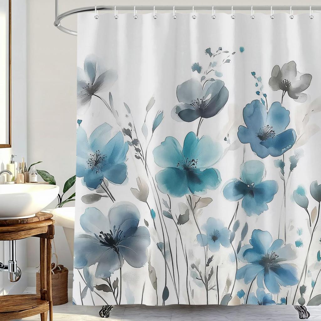 Blue Floral Shower Curtain, Boho Watercolor Botanical Flowers Design Shower Curtain for Bathroom, Natural Teal Gray Plant Decor
