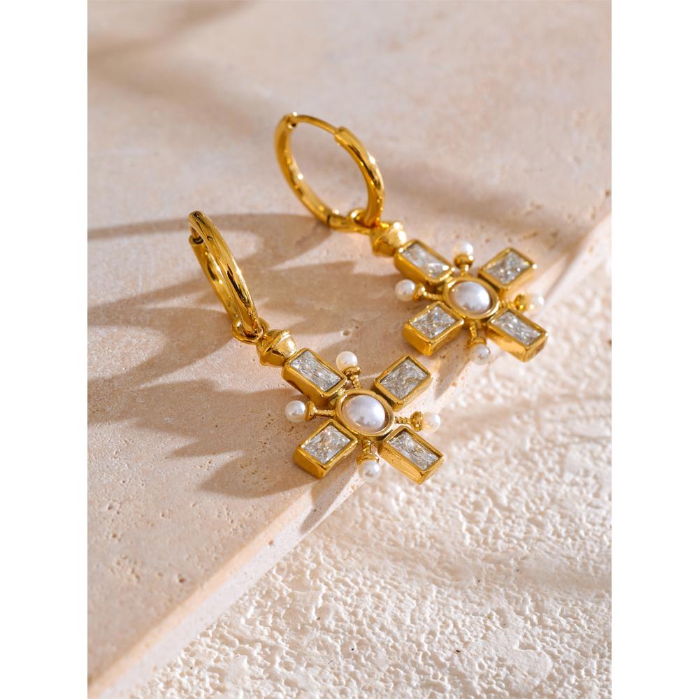 Yhpup High Quality Zirconia Pearls Cross Drop Hoop Earrings Golden Stainless Steel Temperament Arrivals Daily Jewelry Gift