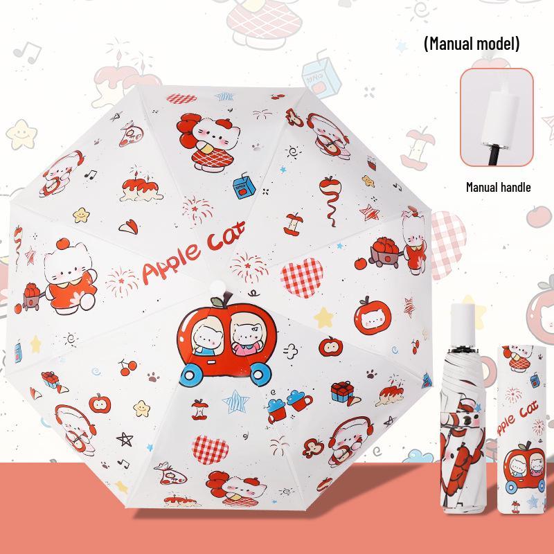 Apple Cat Cute Dual-Use Automatic Umbrella - Sun & Rain Protection, Anti-Rebound, Folding Sunshade for Students.