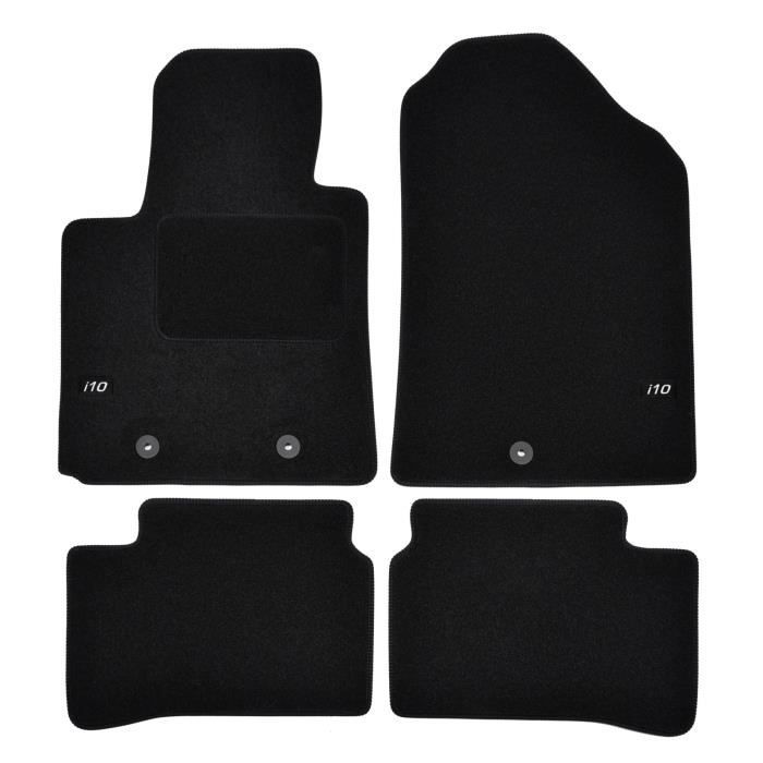 Tapis De Sol - Logo - Hyundai I10 - Velours Noir - 4 Pièces - Ajustement Précis