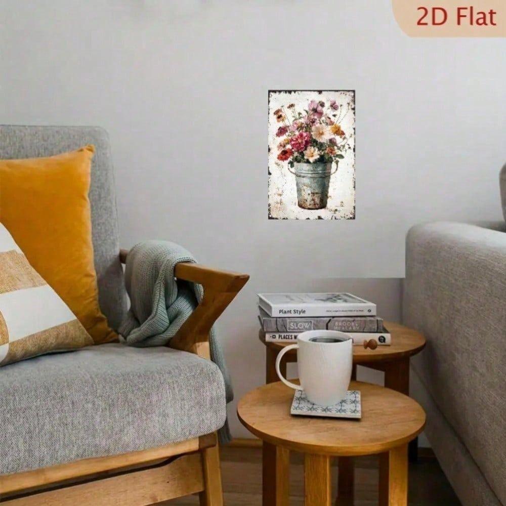 Vintage Wildflower Bouquet Metal Wall Art, Rustic Farmhouse Decor for Living Room