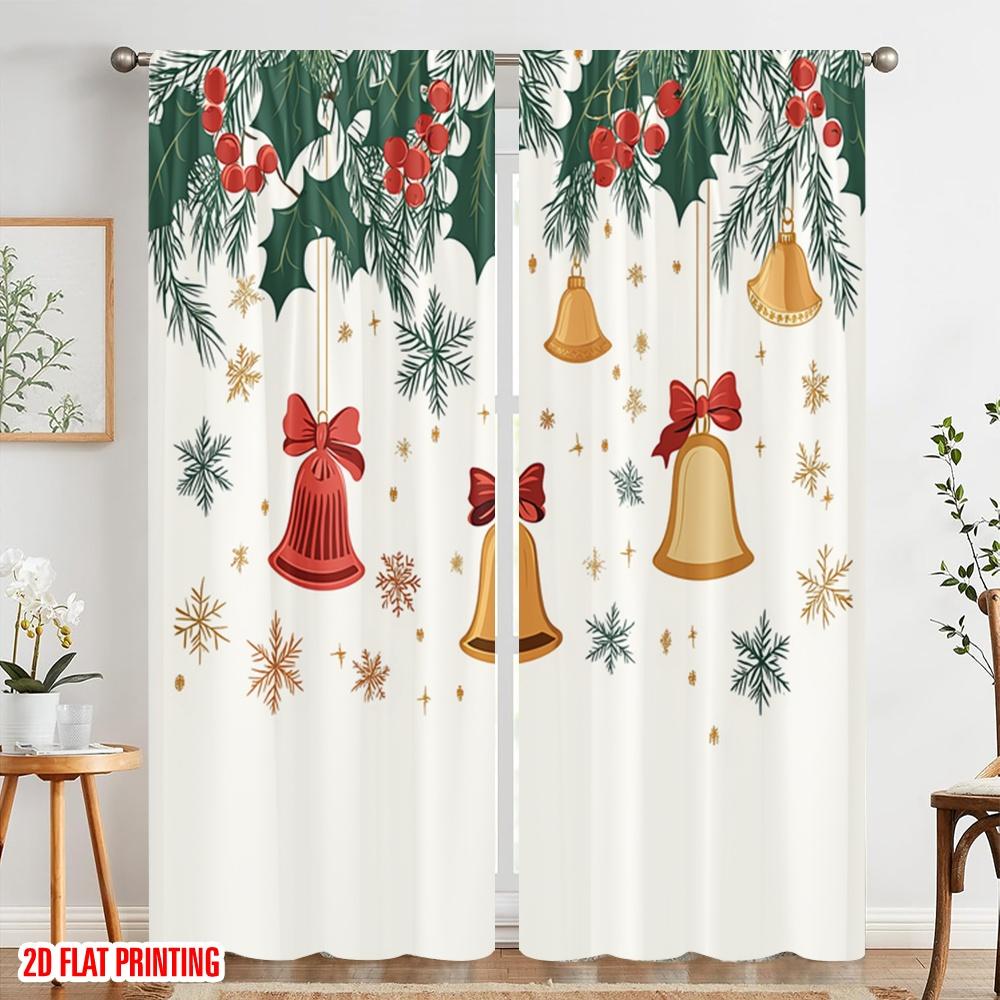 2pcs,2D Plane Printing Curtains&Window Treatment Christmas Bells Holly Berries (2) Versatile 100% Polyester (without Rod)