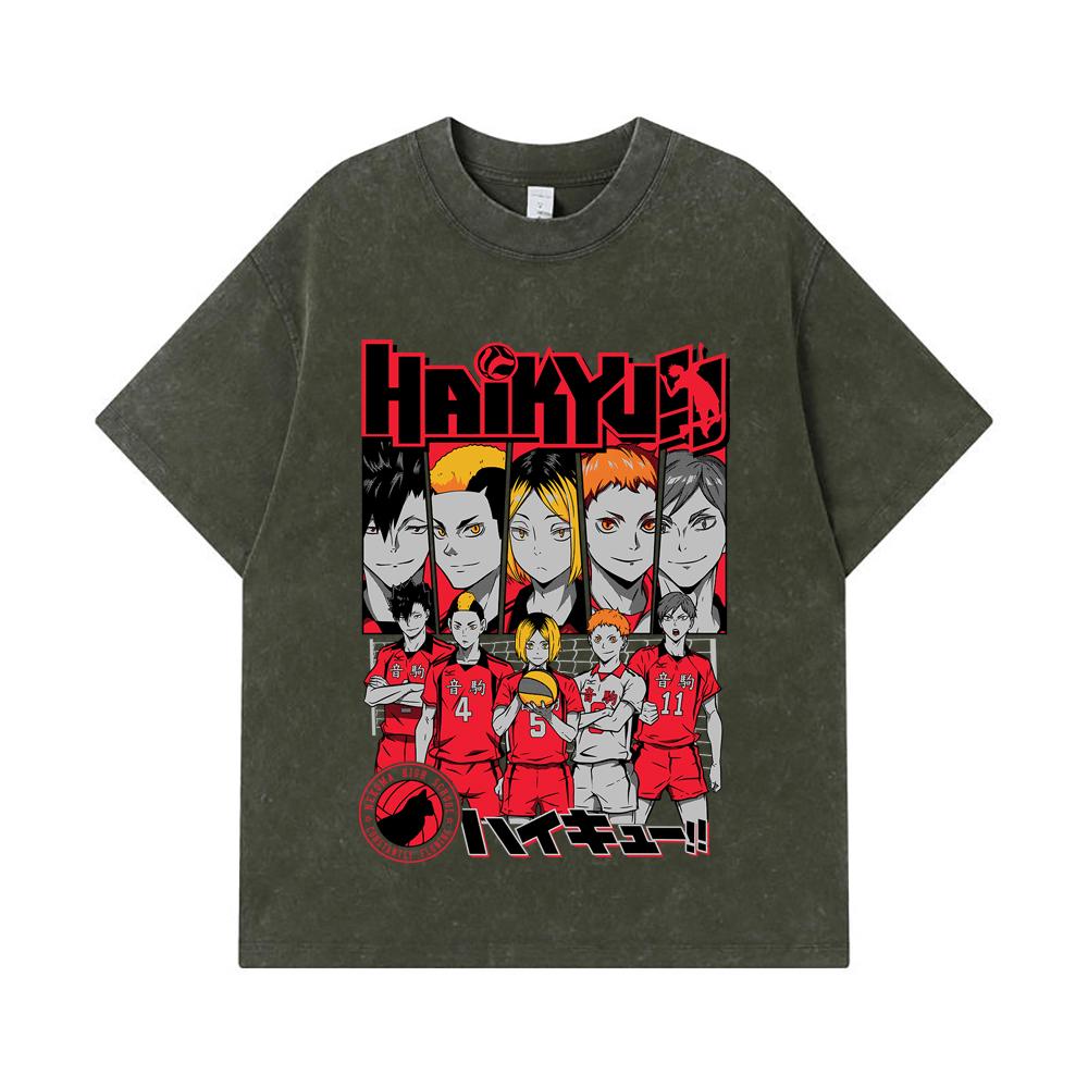 

275 GSM Washed T-shirts 100% Cotton Haikyu V8 Nekoma High Print Unisex Heavy Cotton T Shirt S армия зеленый