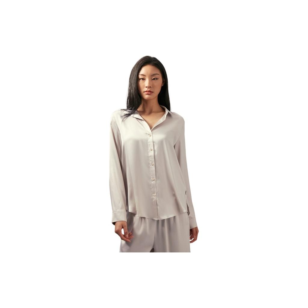 Calvin Klein Casual Minimalist Button-Down Glossy Smooth Home Pajama Top Women tops Beige QS7297
