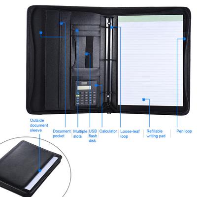 A4 PU Zippered Folder Document Case Portfolio Organizer Memo Pad &Caculator