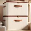 Foldable Linen Storage Box Double Zippers Faux Leather Handles Lid Beige Woven For Under Bed Clothes Laundry Moving Space Saving