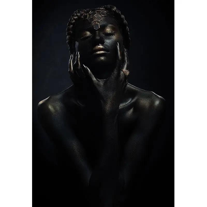 African Art Black and Gold Woman Oil Painting On Canvas Picture for Living Room Contemplator Posters and Prints Scandinavian