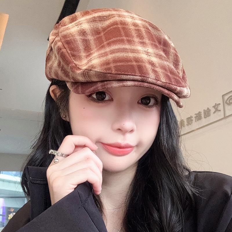 Plaid Backwards Forward Hat Women's Autumn and Winter Japanese Retro Duck Beret Personalized Versatile Painter's Newsboy Hat