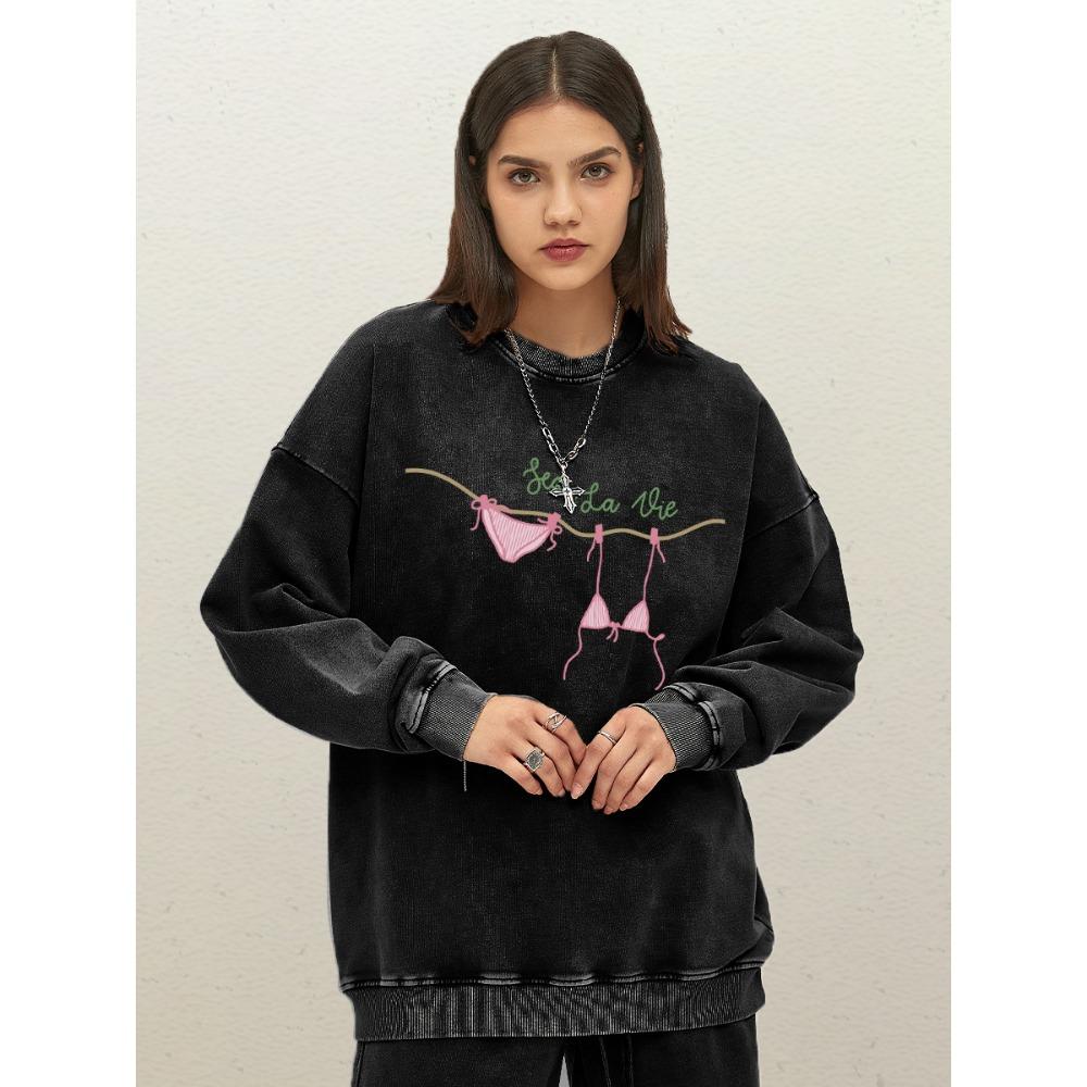 Hanging Bras And Underwear Print Womens Washed Sweatshirt Oversize Hip Hop Tracksuit Cotton Crewneck Clothes Autumn
