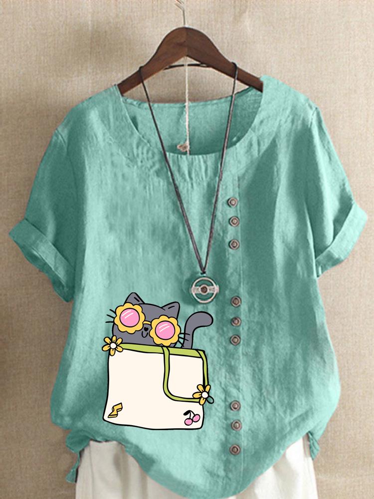 Women's Fashion Cat Print Casual Cotton Linen Short Sleeve Round Neck T-shirt Shirt Leisure Loose Summer Blouse Tops