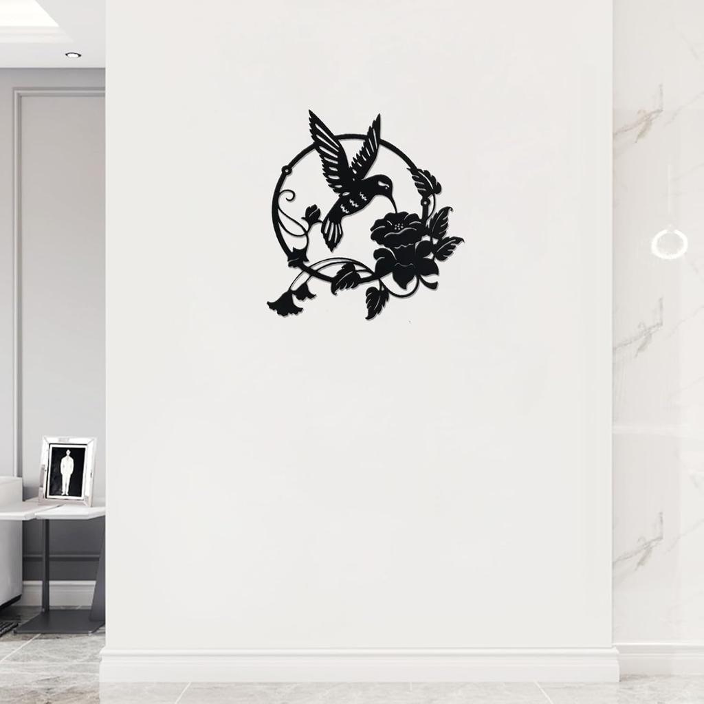 CHIUIN Metal Bird Wall Art Decor Garden Living Room Decor Metal Bird Wall Silhouette Hummingbird Flower Wall Art Hanging Decoration Gift (10in,Black)