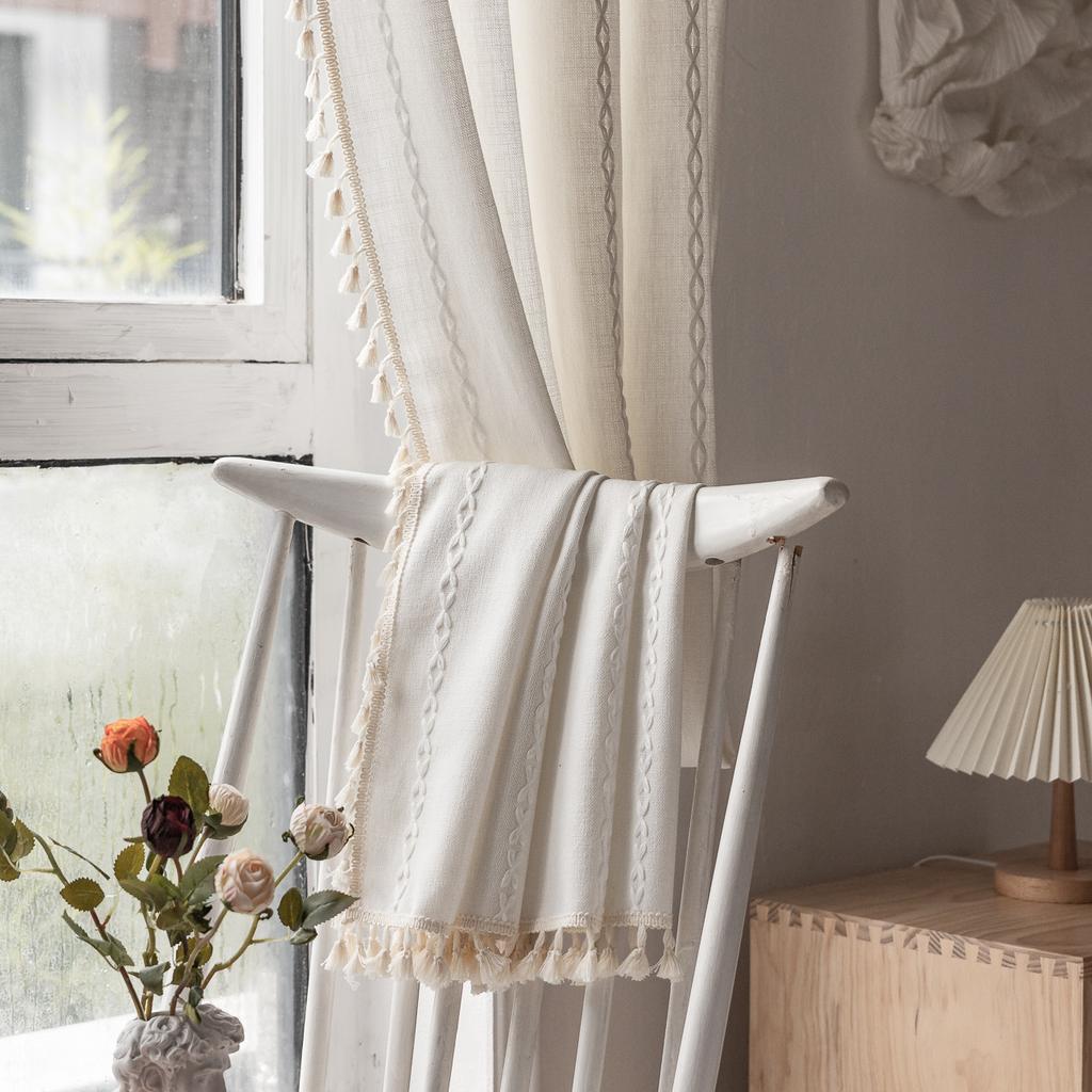 Hot Sale White Bohemian Curtains Farmhouse Living Room Bedroom Striped Embroidery Small Windows Kitchen Curtains Short Curtains